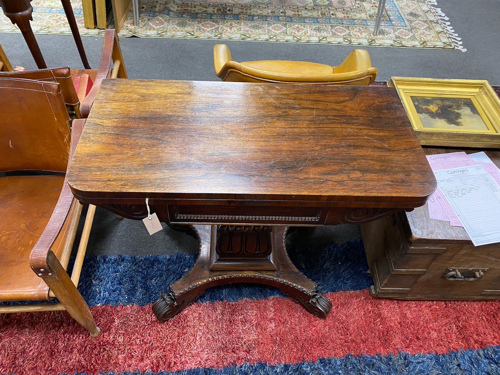 A William IV rosewood folding card table, width 92cm, depth 45cm, height 74cm